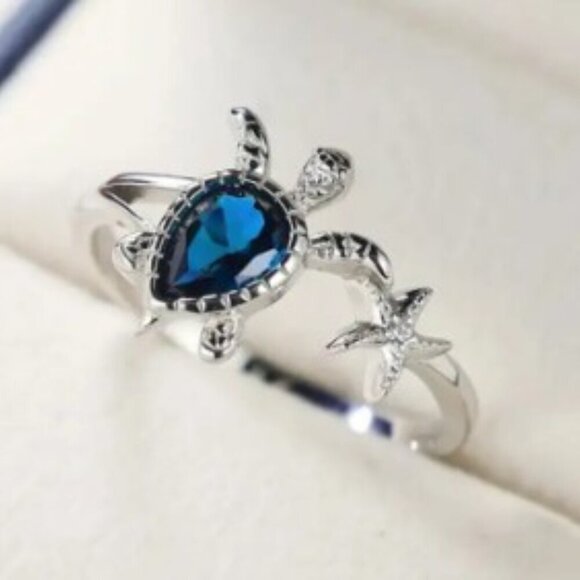 Turtle Ring Blue Gemstone Ocean Inspired Beach Party Alloy & Glass size 7 - Picture 4 of 6